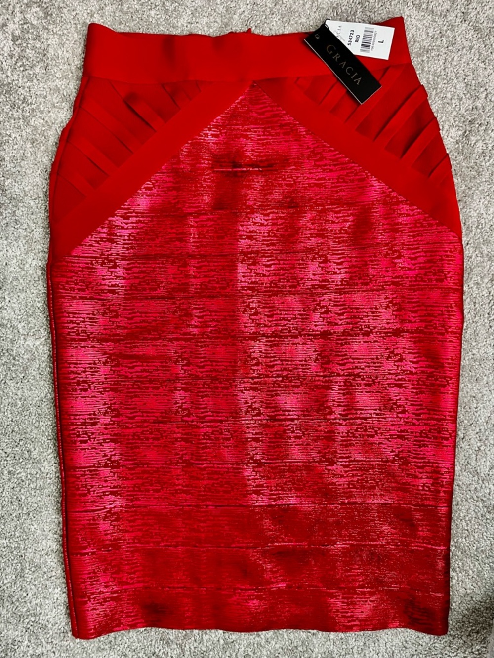 GRACIA Red Shimmer Bandage Pencil Skirt Sz L NWT Elegant Classic Textured #A - Picture 2 of 12